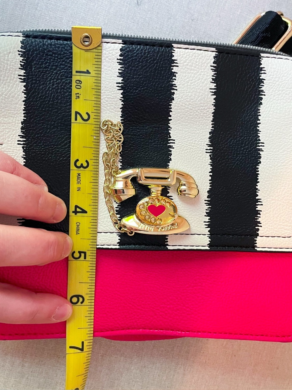 Betsey Johnson Pink Telephone B & W Stripe Bag Adjustable Strap Crossbody - Picture 13 of 16